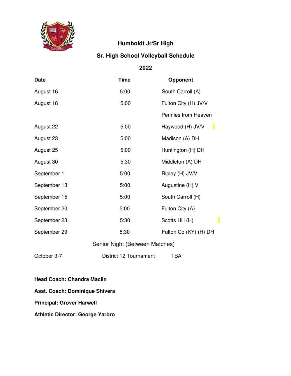 2022 Sr. High Volleyball Schedule